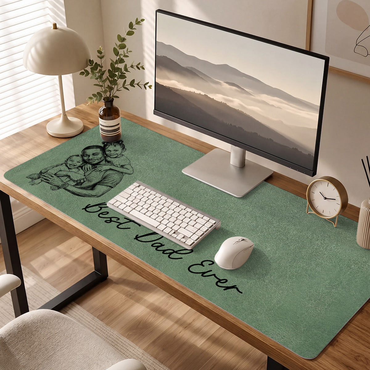 Custom Photo Pencil Sketch Best Dad Ever - Personalized Leather Desk Mat