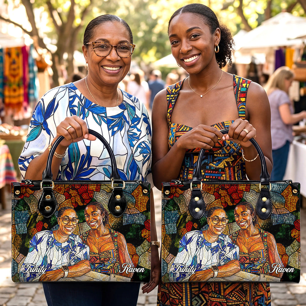 Custom Photo Stained Glass Portrait Mom Grandma Parents Family - Personalized Leather Handbag