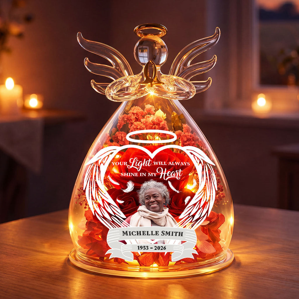 Your Light Will Always Shine In My Heart - Personalized Angel Dome With Preserved Flowers