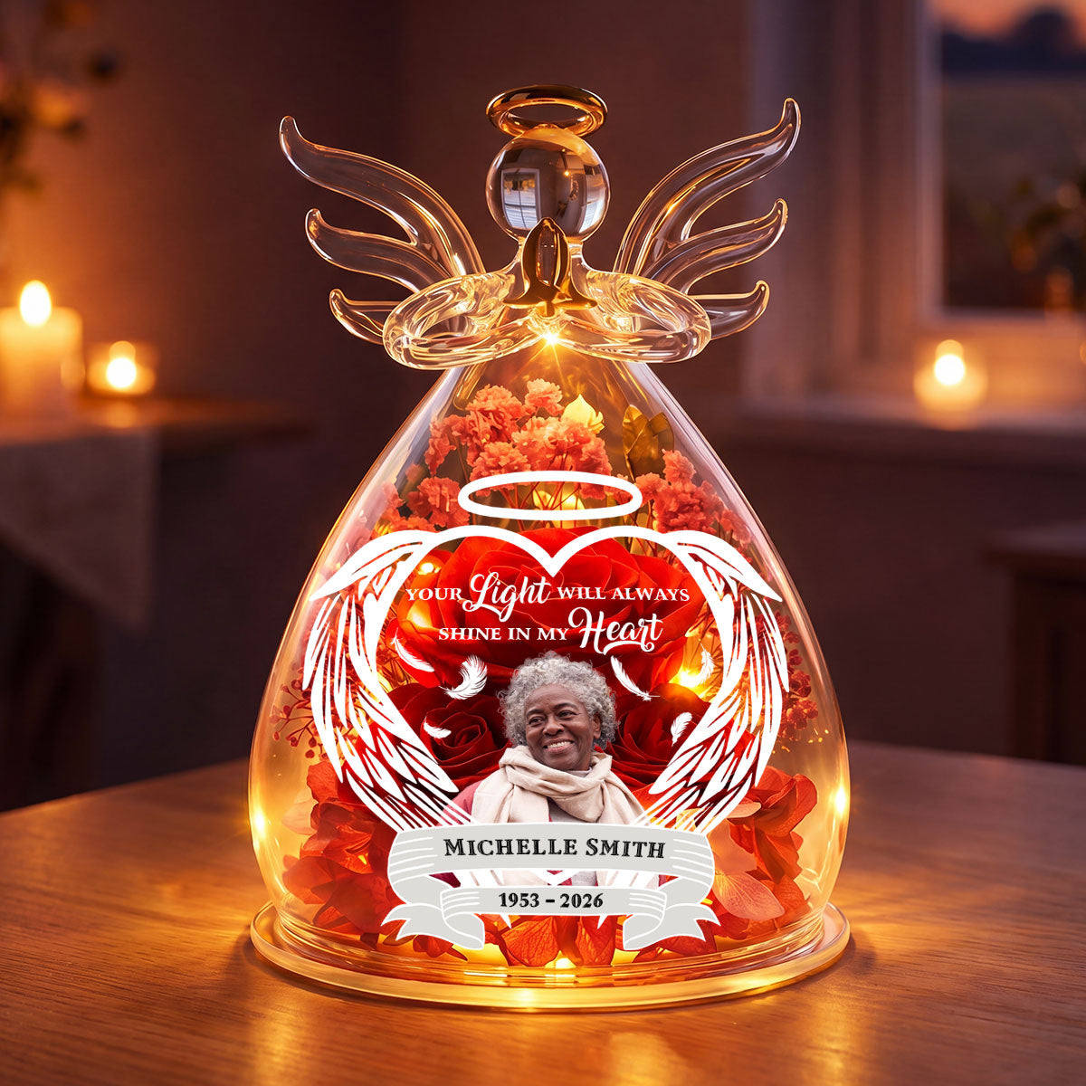 Your Light Will Always Shine In My Heart - Personalized Angel Dome With Preserved Flowers
