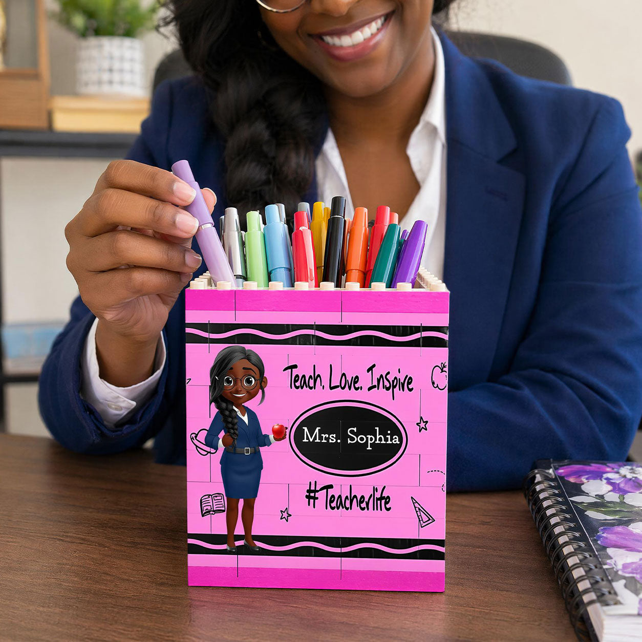 Teacher Teach Love Inspire - Personalized Building Brick Pen Holder