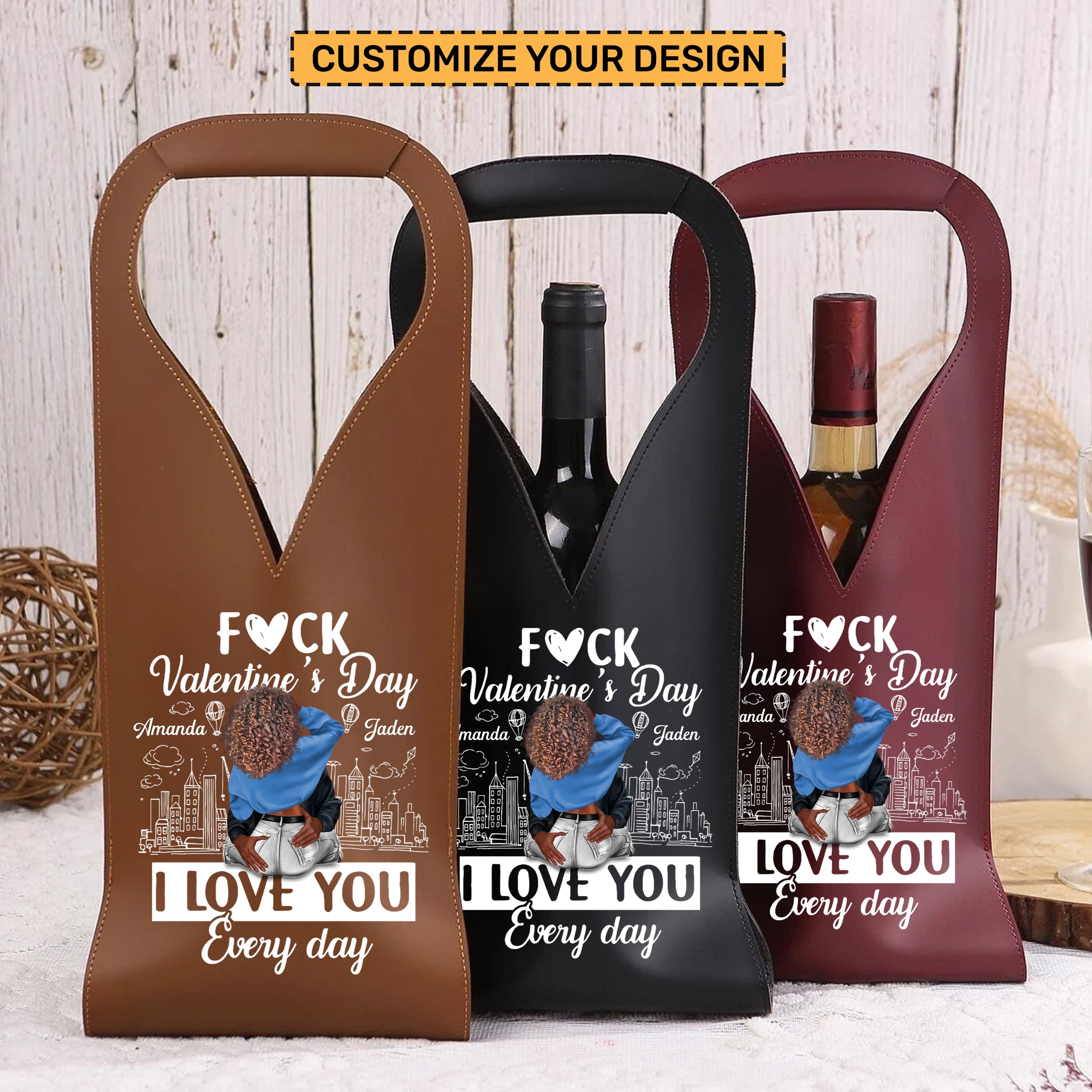 I Love You Every Day - Personalized Leather Wine Bag