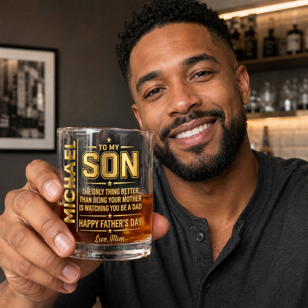 Watching You Being A Dad - Personalized Round Whiskey Glass