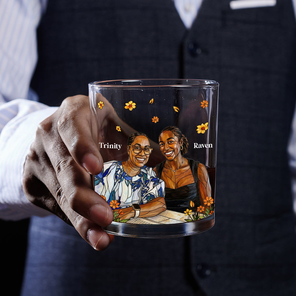 Custom Photo Stained Glass Portrait Mom Grandma Parents Family - Personalized Round Whiskey Glass