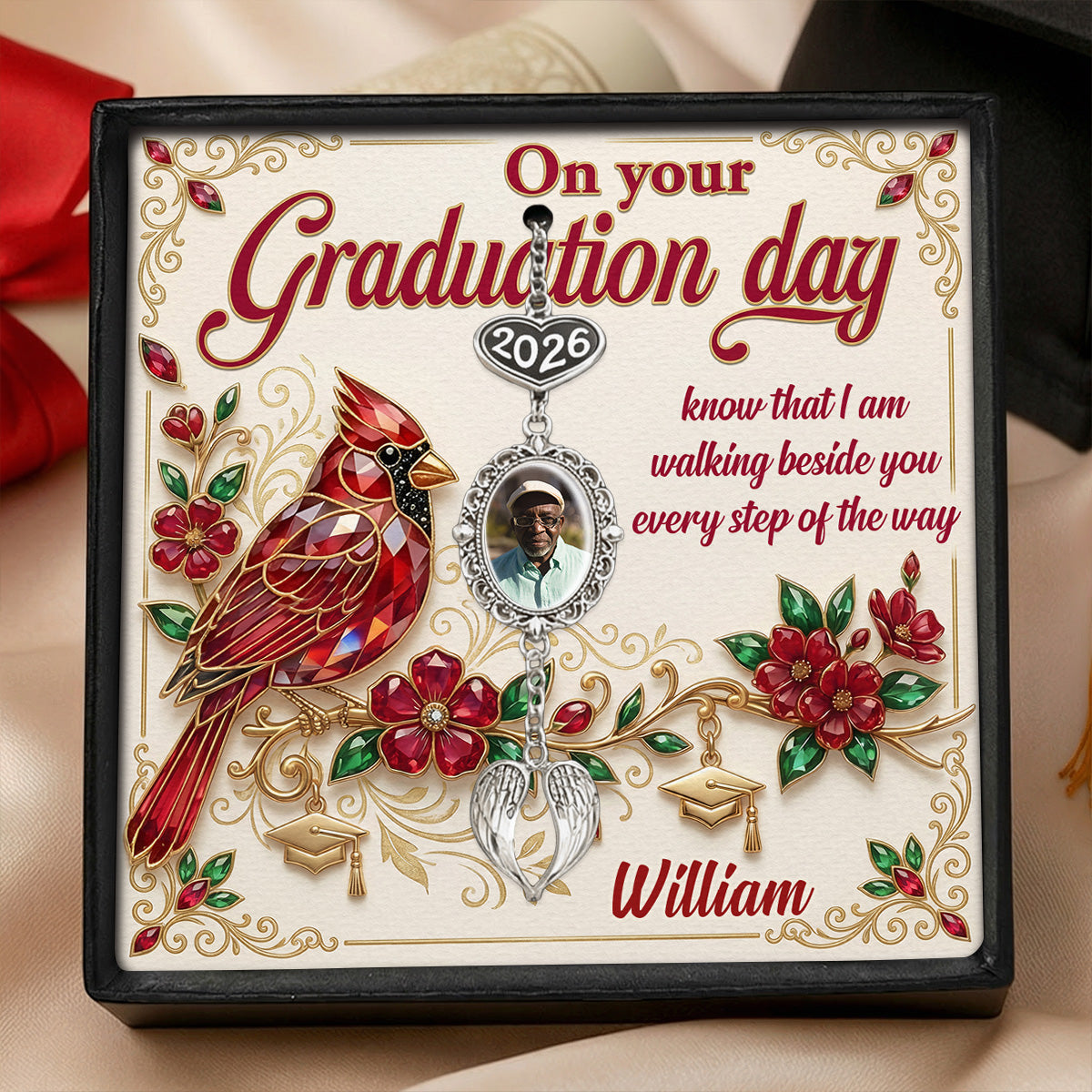 Graduation Walking Beside You Every Step - Personalized Graduation Tassel Photo Charm With Angel Wing