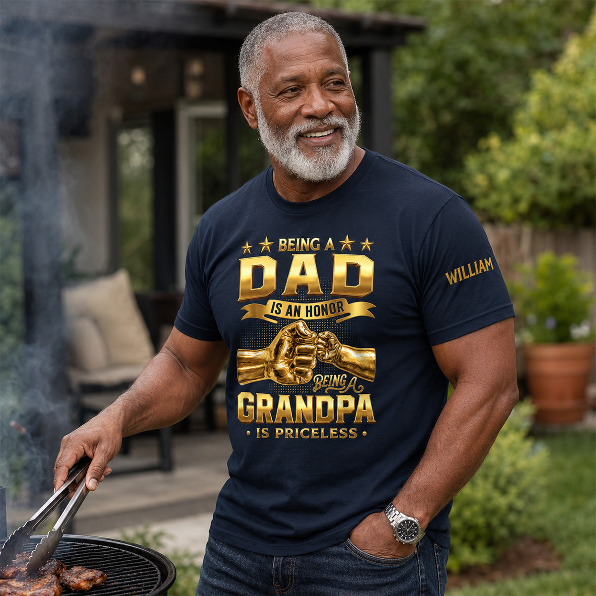 Being A Dad Is An Honor Being A Grandpa Is Priceless - Personalized T-shirt With Front And Sleeve Design