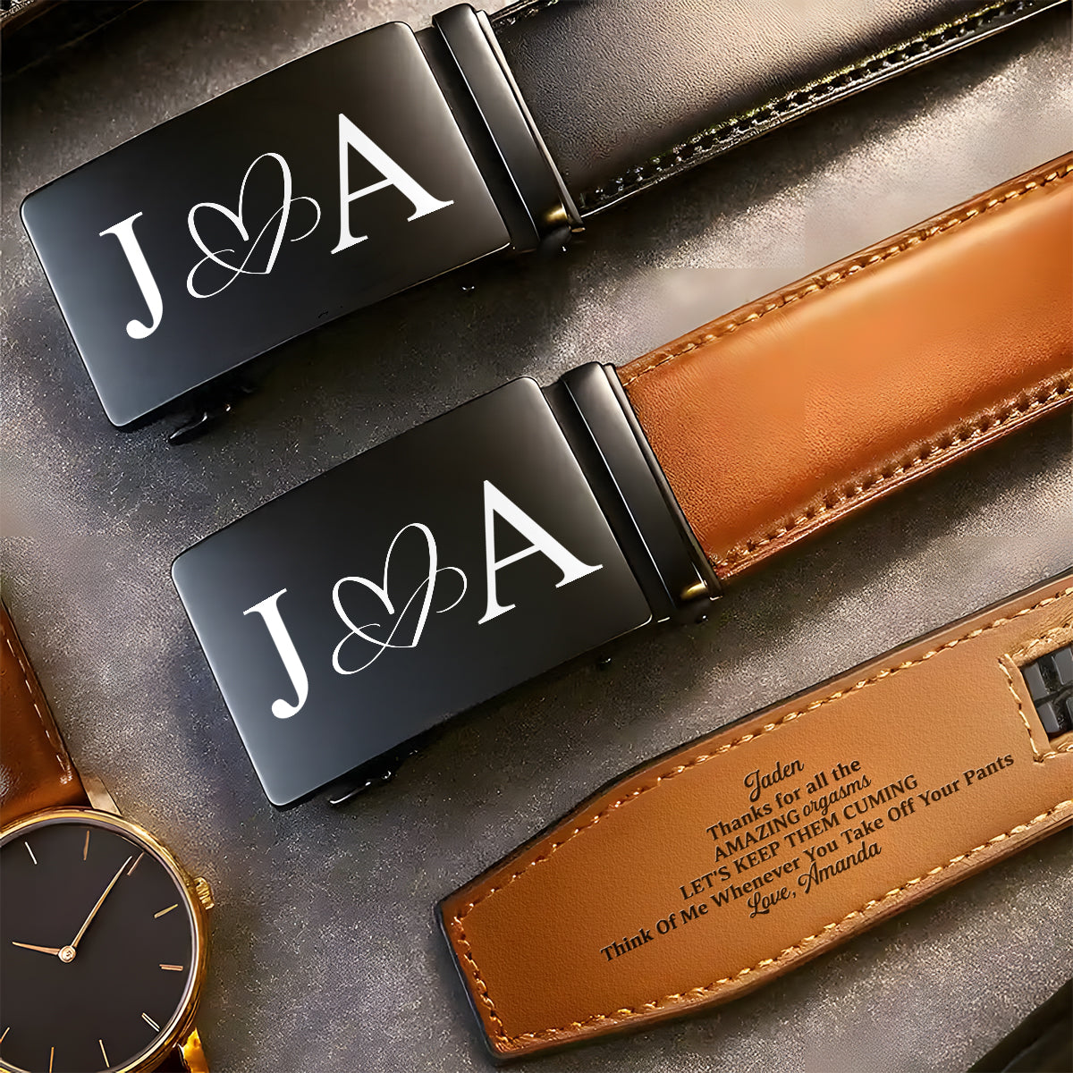 Thanks For All The Amazing Orgasms - Personalized Leather Belt With Engraved Buckle