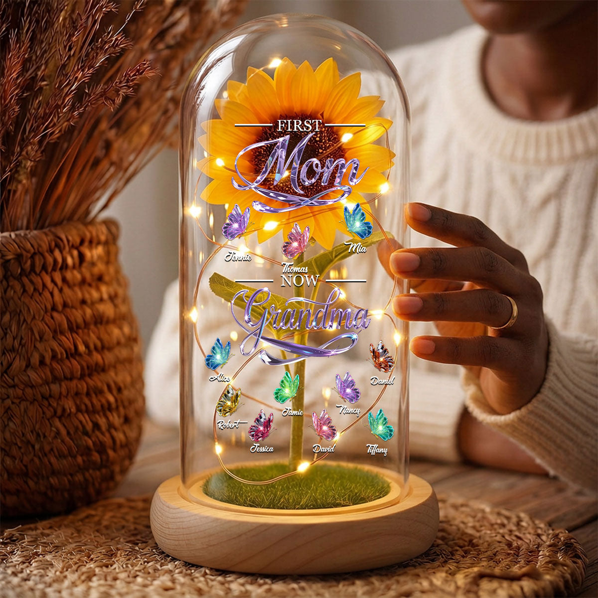 First Mom Now Grandma Butterflies - Personalized Sunflower Dome Lamp