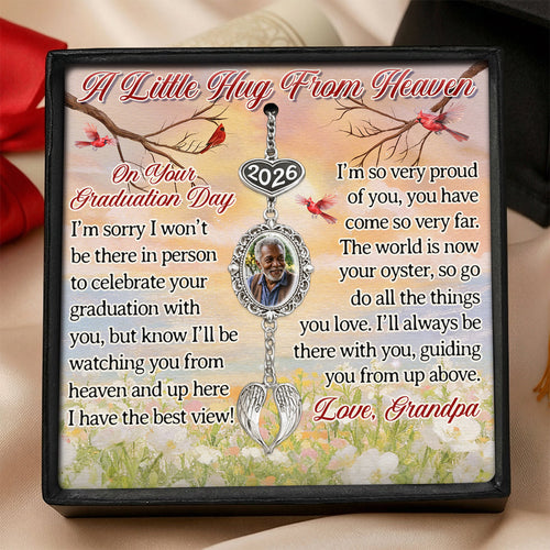 A Little Hug From Heaven On Your Graduation Day - Personalized Graduation Tassel Photo Charm With Angel Wing