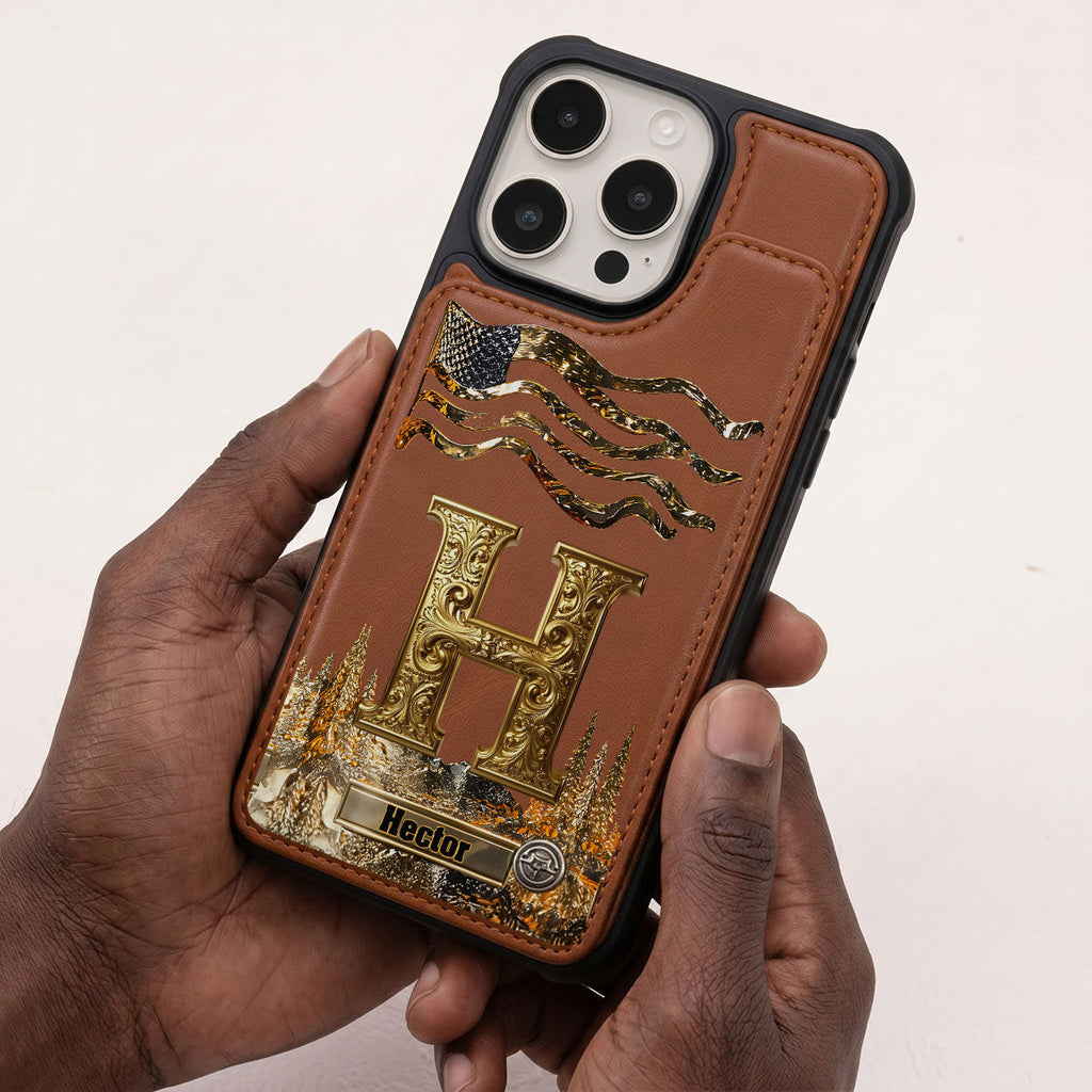 Golden Initial Gift For Husband And Son - Personalized Leather Flip Wallet Phone Case