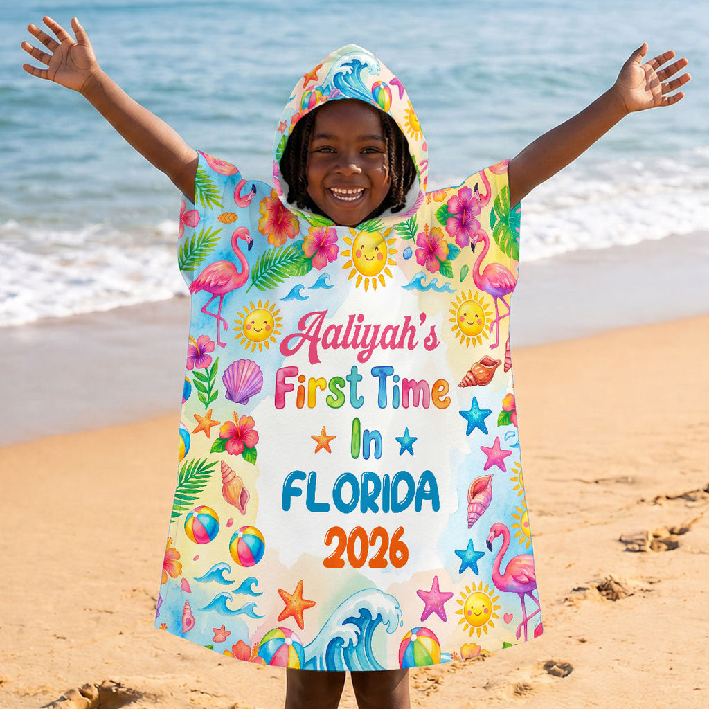 First Time On Holiday - Personalized Kids Hooded Beach Towel