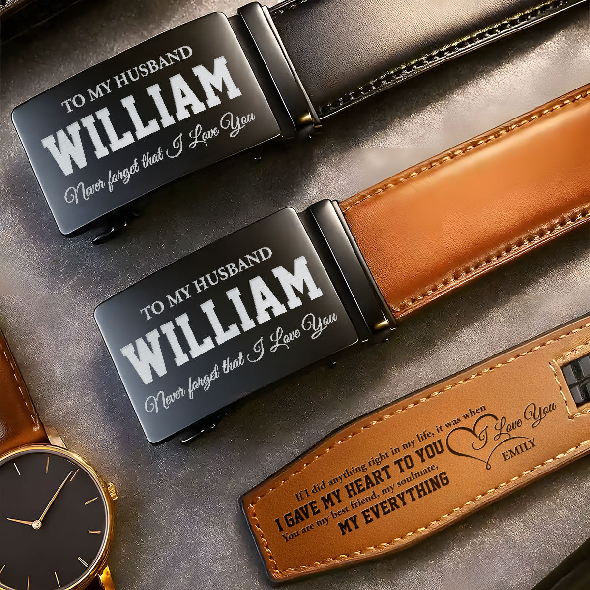 Never Forget I Love You - Personalized Leather Belt With Engraved Buckle