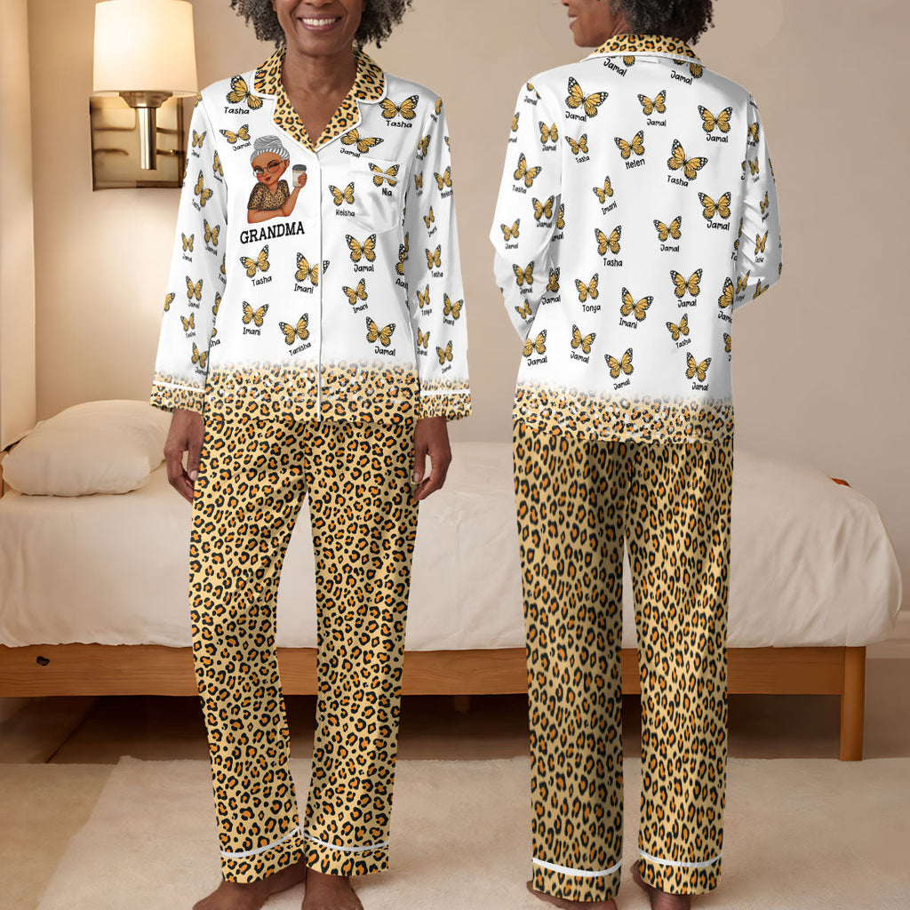 Mom Grandma Kids Butterflies Leopard Pattern - Personalized Satin PJM Set