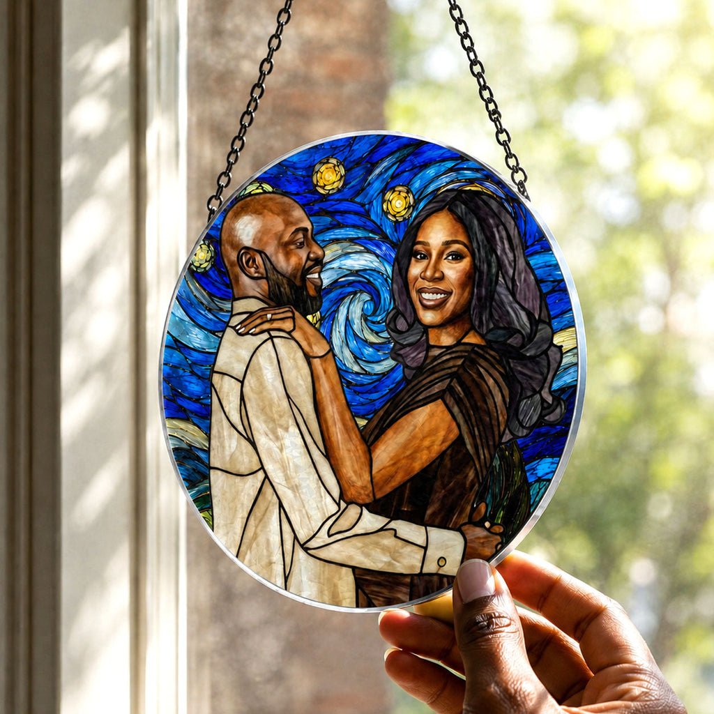 Custom Photo Starry Night Stained Glass Portrait Wife Husband Couple - Personalized Stained Glass Window Hanging Suncatcher
