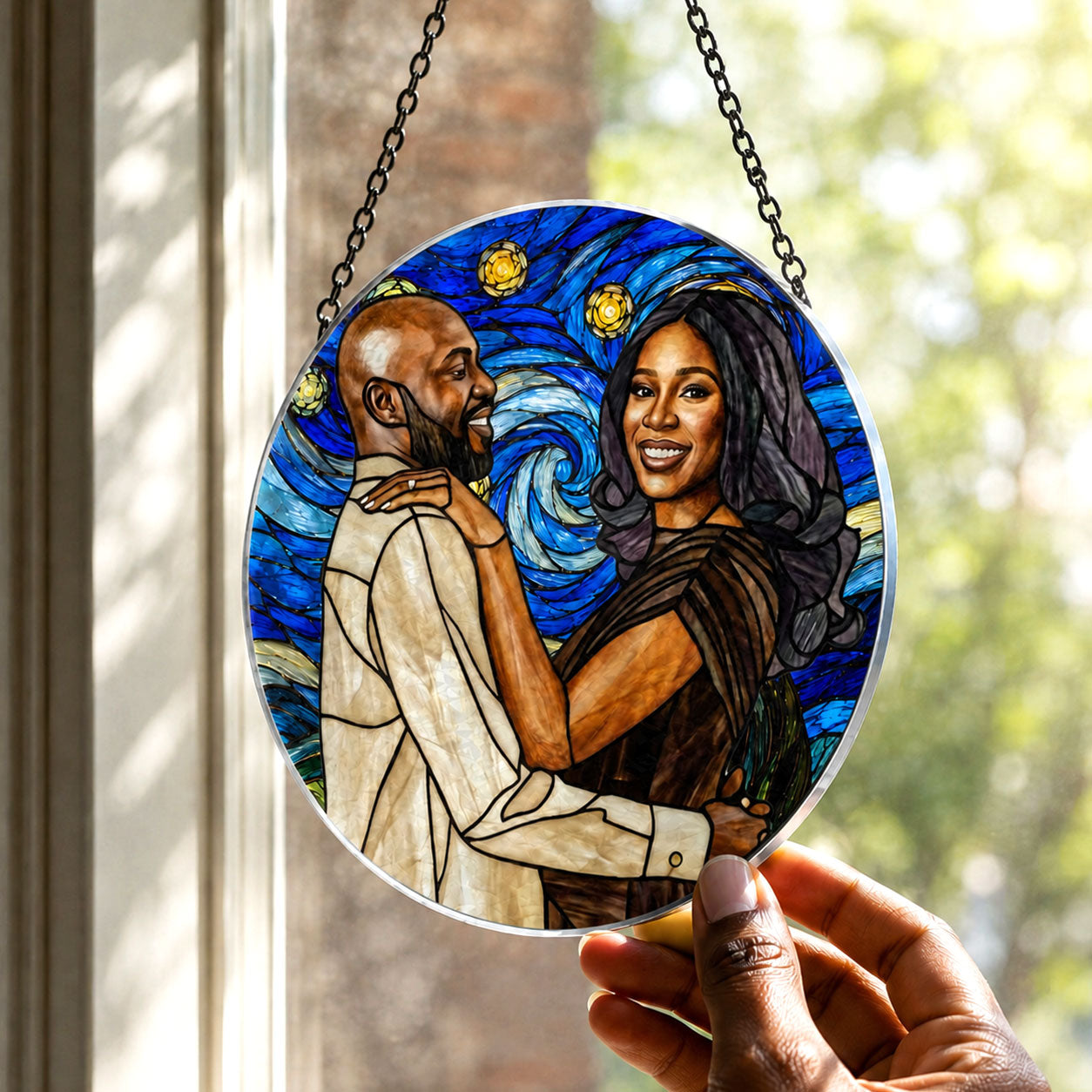 Custom Photo Starry Night Stained Glass Portrait Wife Husband Couple - Personalized Stained Glass Window Hanging Suncatcher