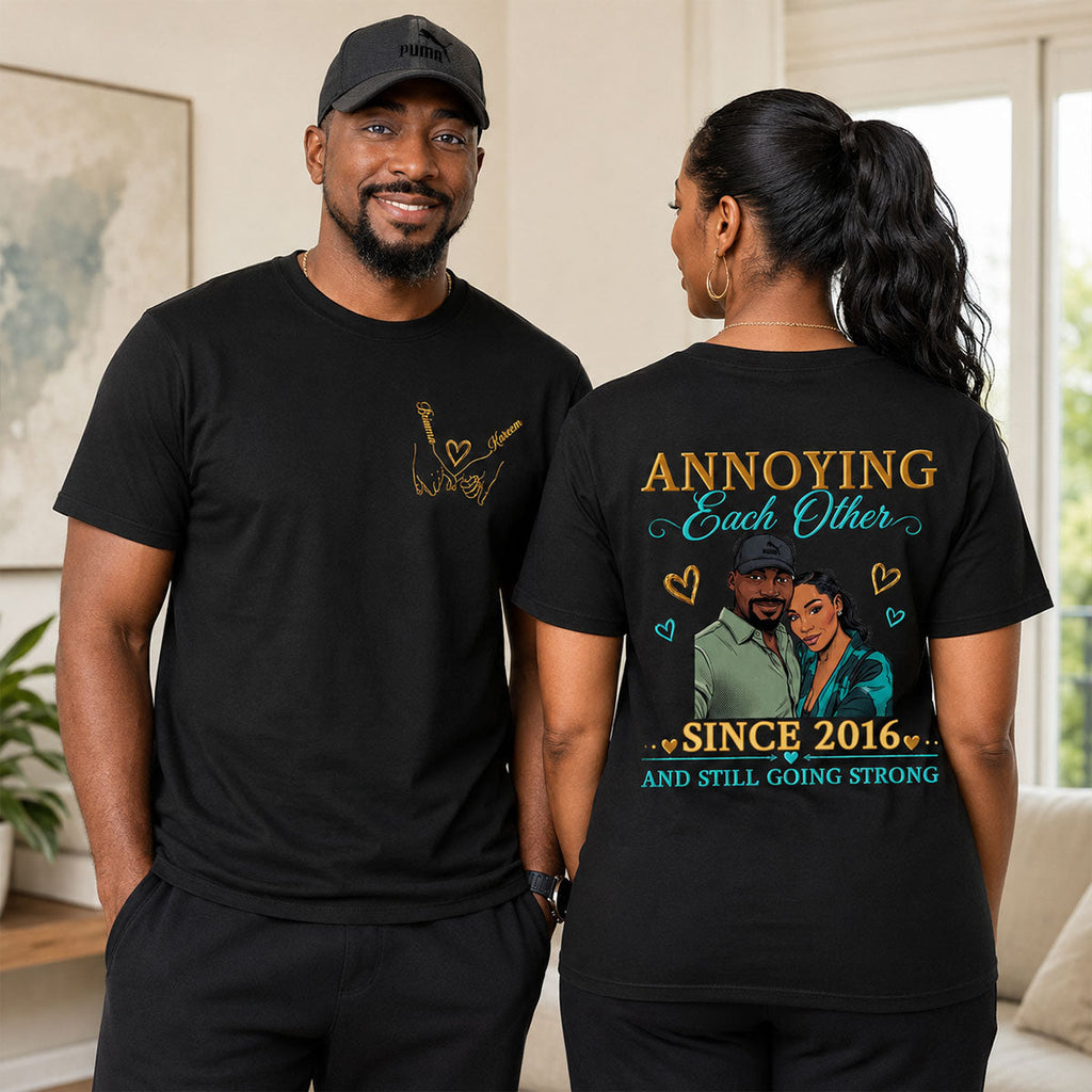 Custom Photo Comic Sketch Annoying Each Other - Personalized T-shirt With Front Back Design
