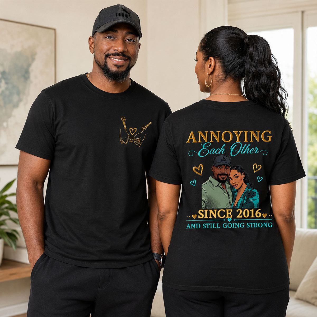 Custom Photo Comic Sketch Annoying Each Other - Personalized T-shirt With Front Back Design