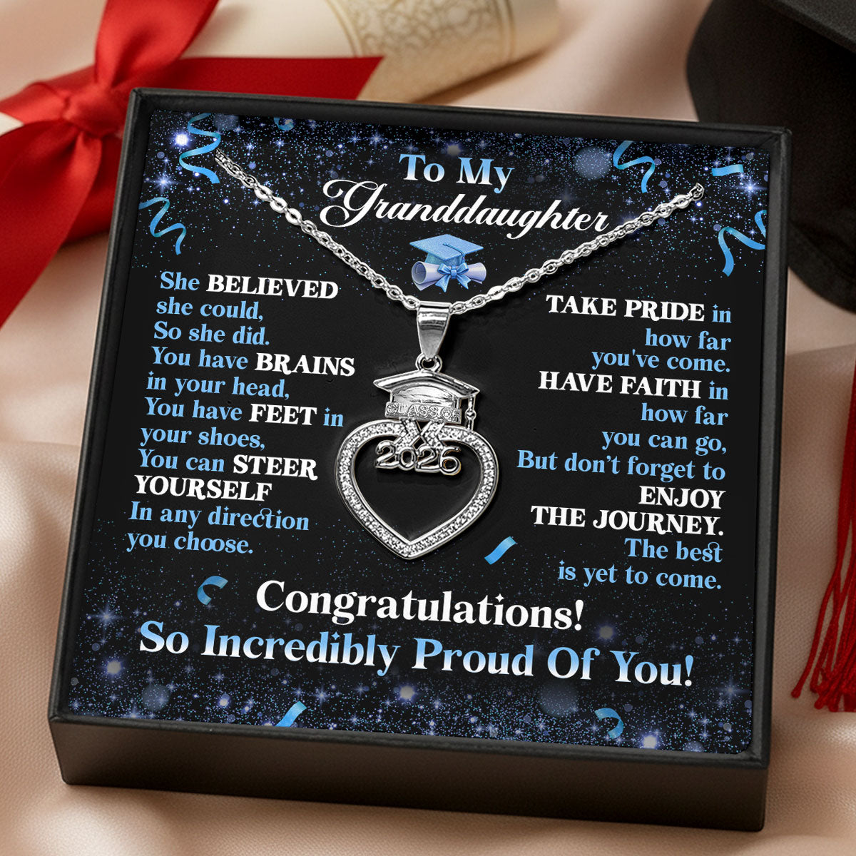 Believe, Achieve, Enjoy The Journey - Personalized Grad Cap Heart Necklace With Box & Card 2026