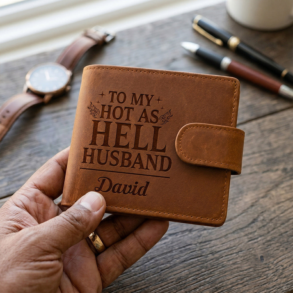 To My Hot-As-Hell Husband - Personalized Men's Engraved Leather Wallet