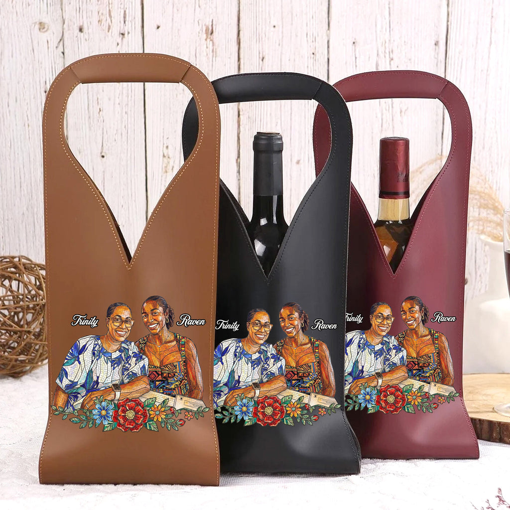 Custom Photo Stained Glass Portrait Mom Grandma Parents Family - Personalized Leather Wine Bag
