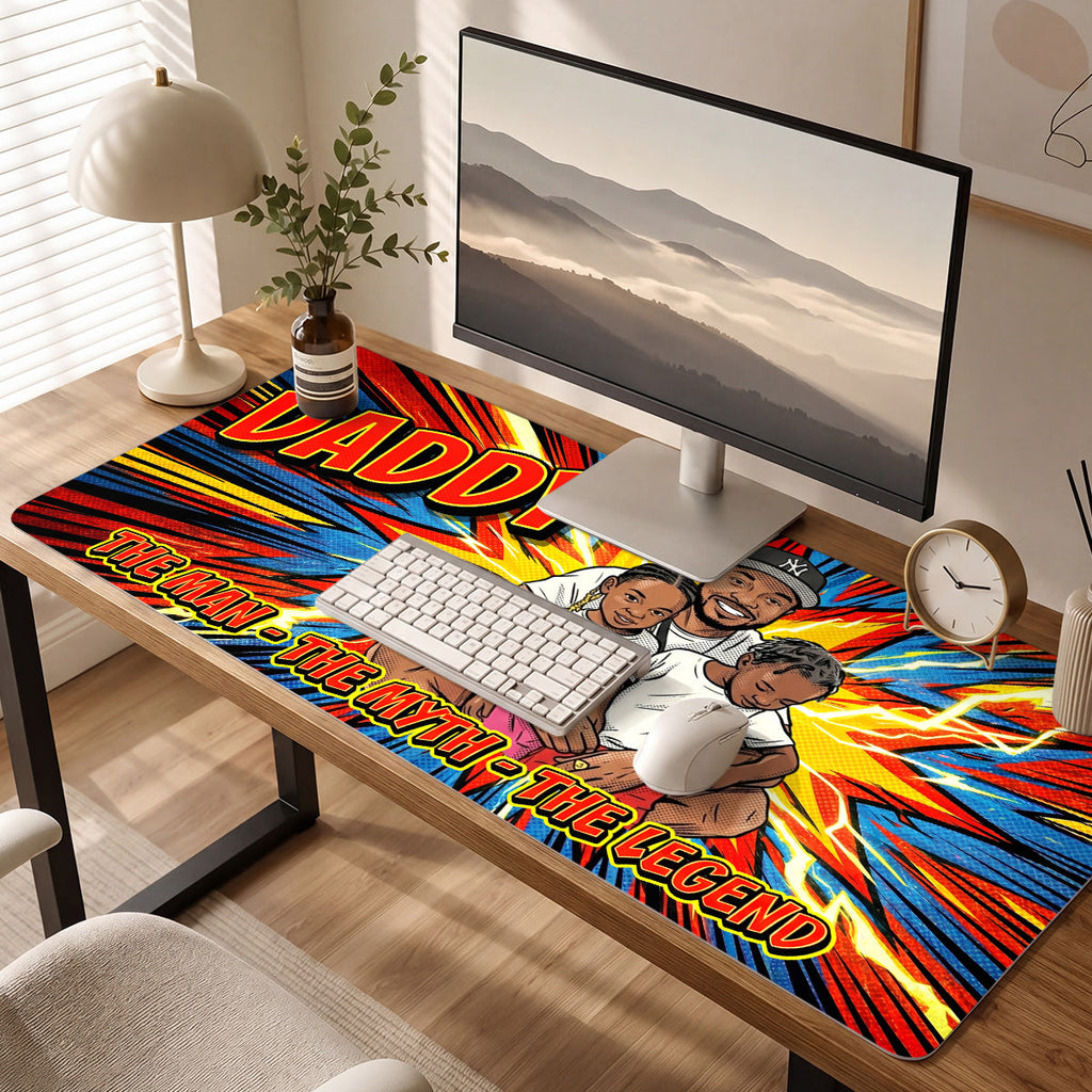 Custom Photo Comic Sketch Dad Grandpa Family - Personalized Leather Desk Mat