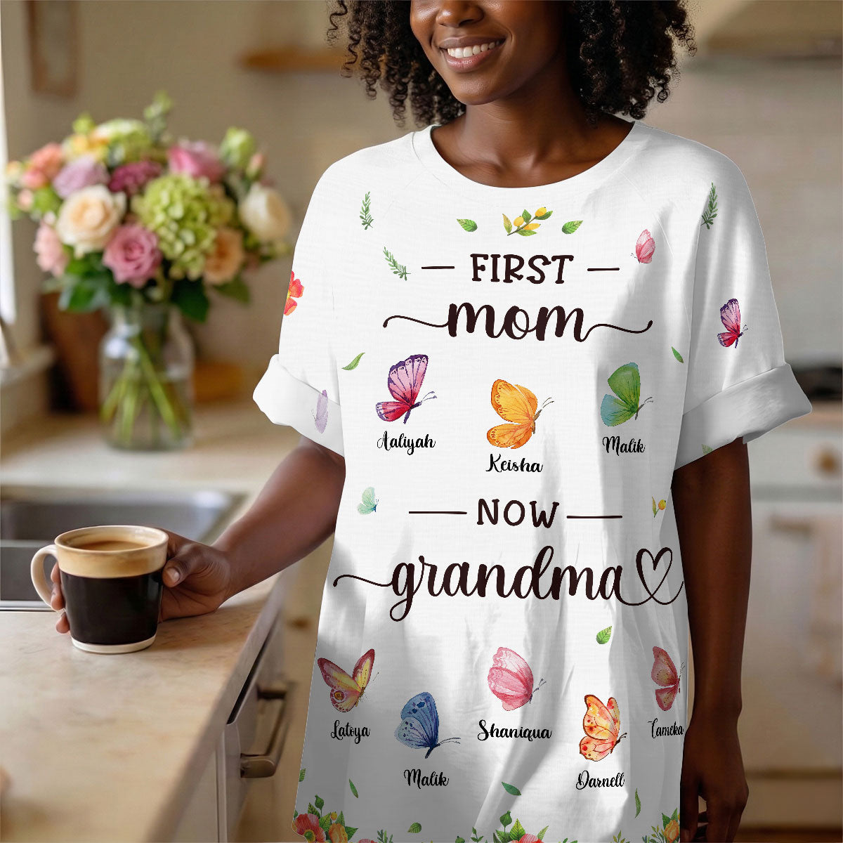 First Mom Now Grandma Butterfly Version - Personalized Sleep Tee