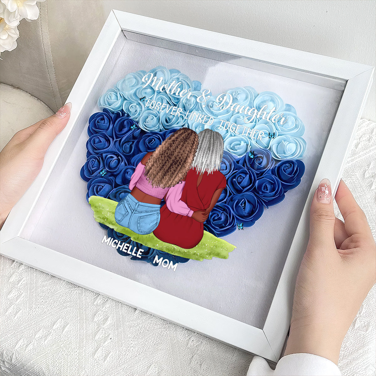 Mother And Daughter Forever Linked Together - Personalized Heart Flower Shadow Box