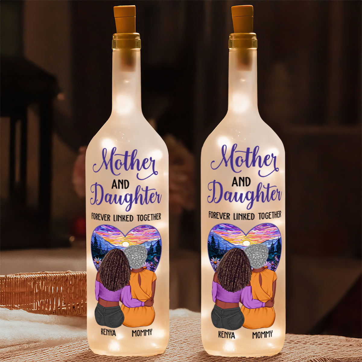 Mother And Daughter Forever Linked Together - Personalized Bottle Lamp