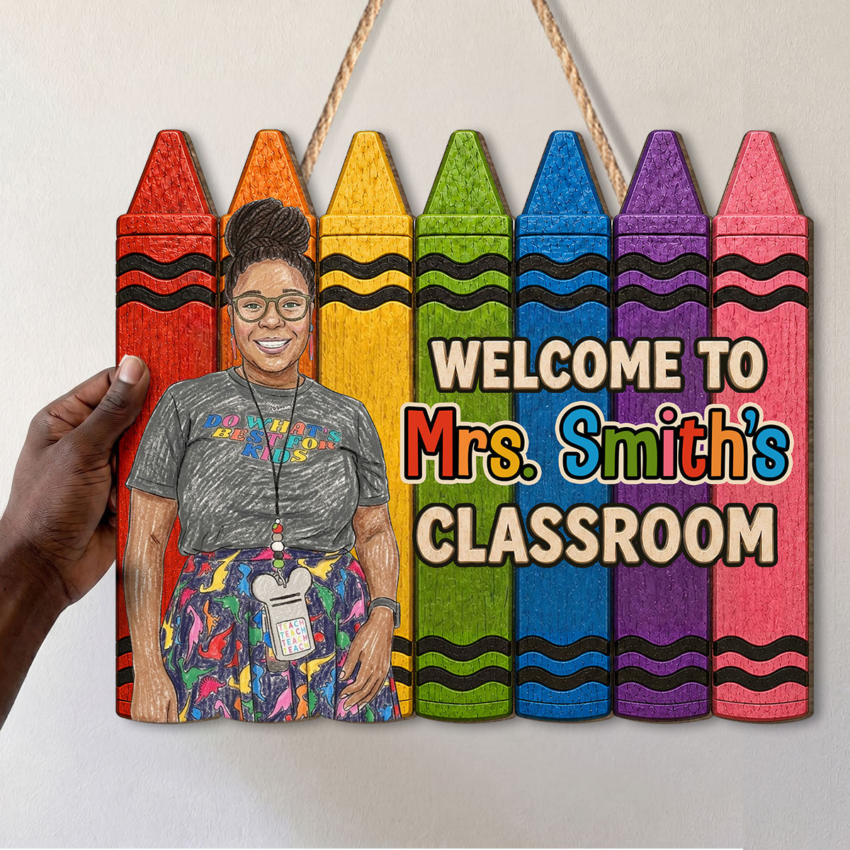 Custom Photo Crayon Sketch Welcome To My Classroom - Personalized Wooden Door Sign