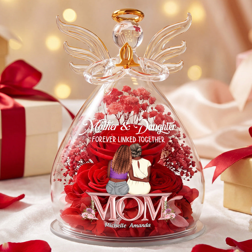 Mother And Daughter Forever Linked Together - Personalized Angel Dome With Preserved Flowers