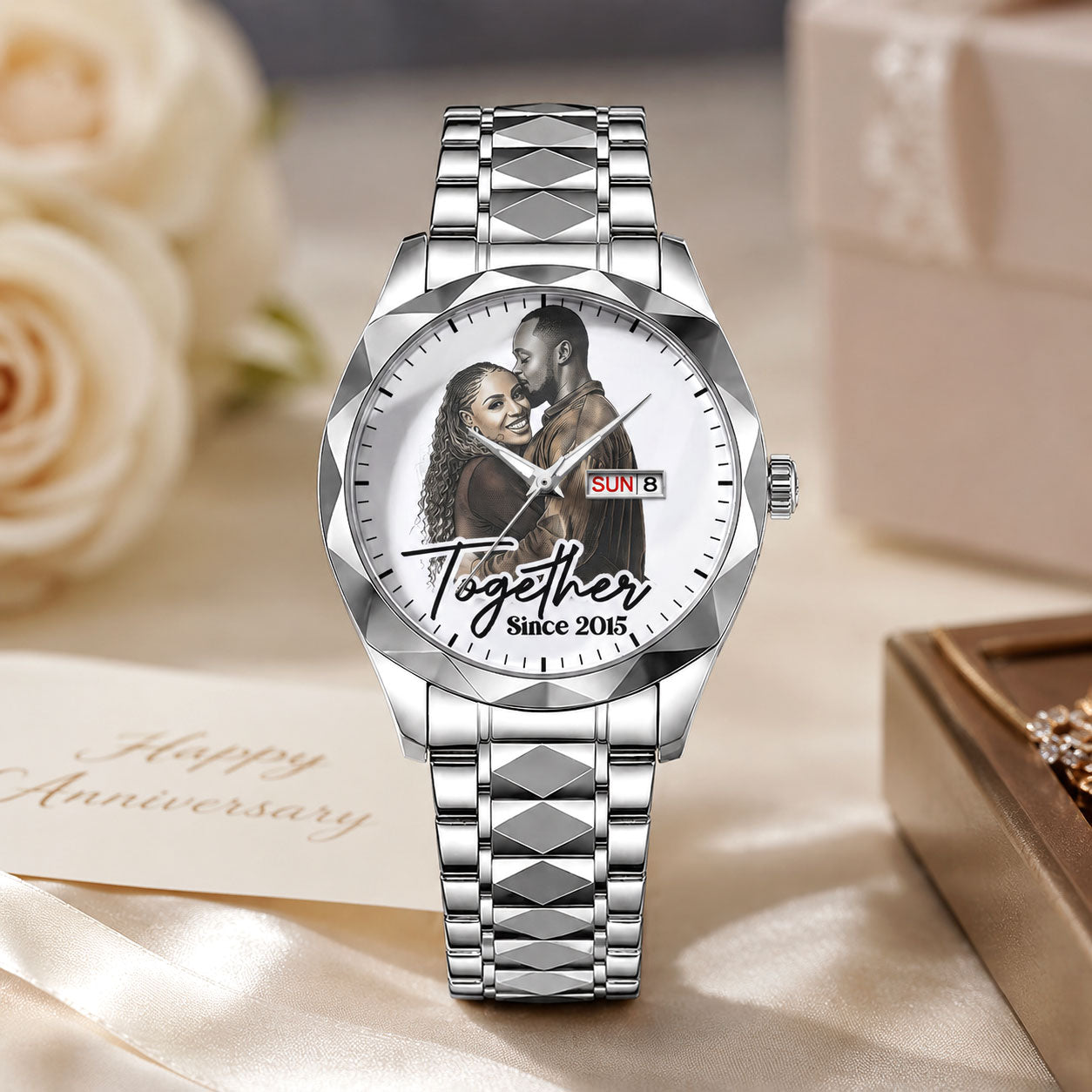 Custom Photo Husband Wife Couple Anniversary Gift Together Forever - Personalized Men's Wrist Watch