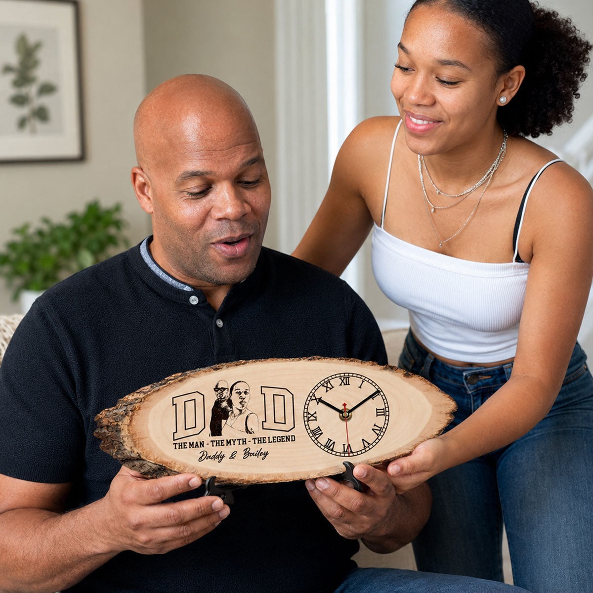 Custom Photo Pencil Sketch Dad The Man The Myth The Legend - Personalized Wooden Desk Clock