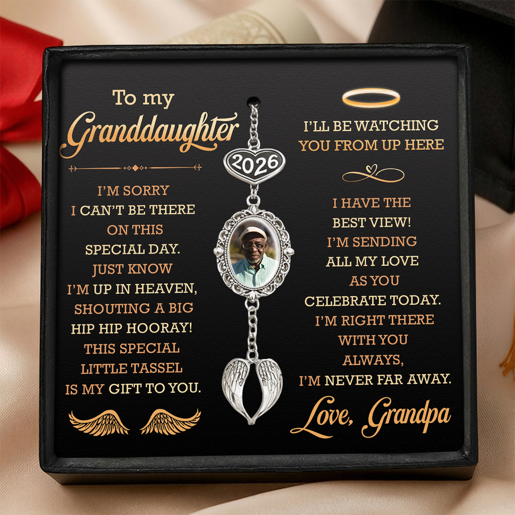 I'm Sending My Love As You Celebrate - Personalized Graduation Tassel Photo Charm With Angel Wing