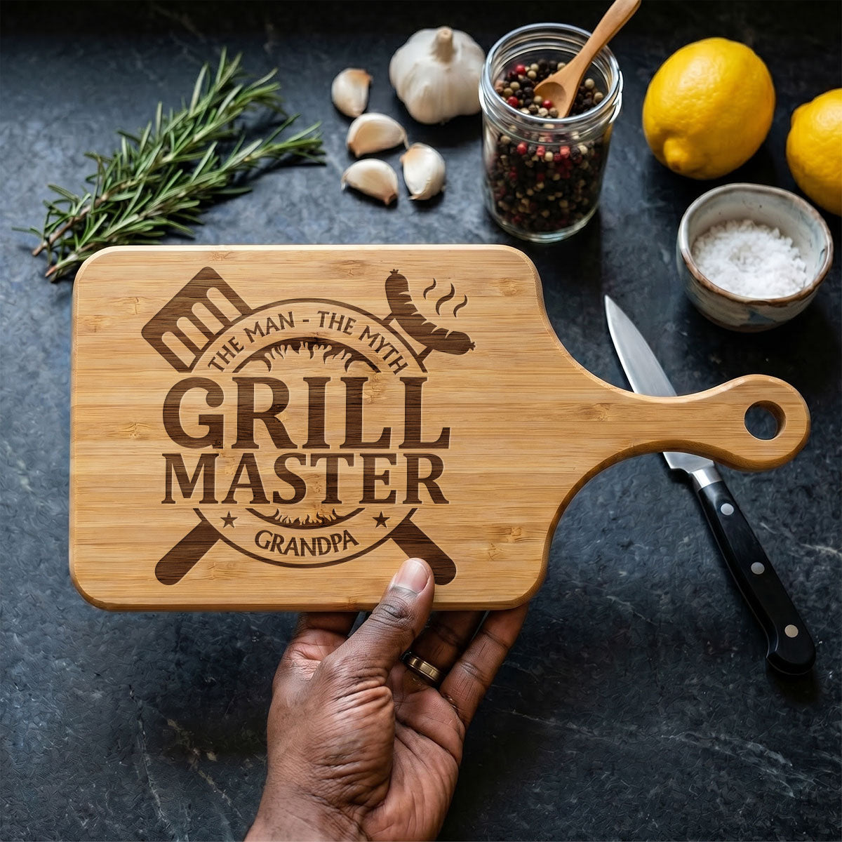 The Man, The Myth, The Grill Master - Personalized Cutting Board With Handle