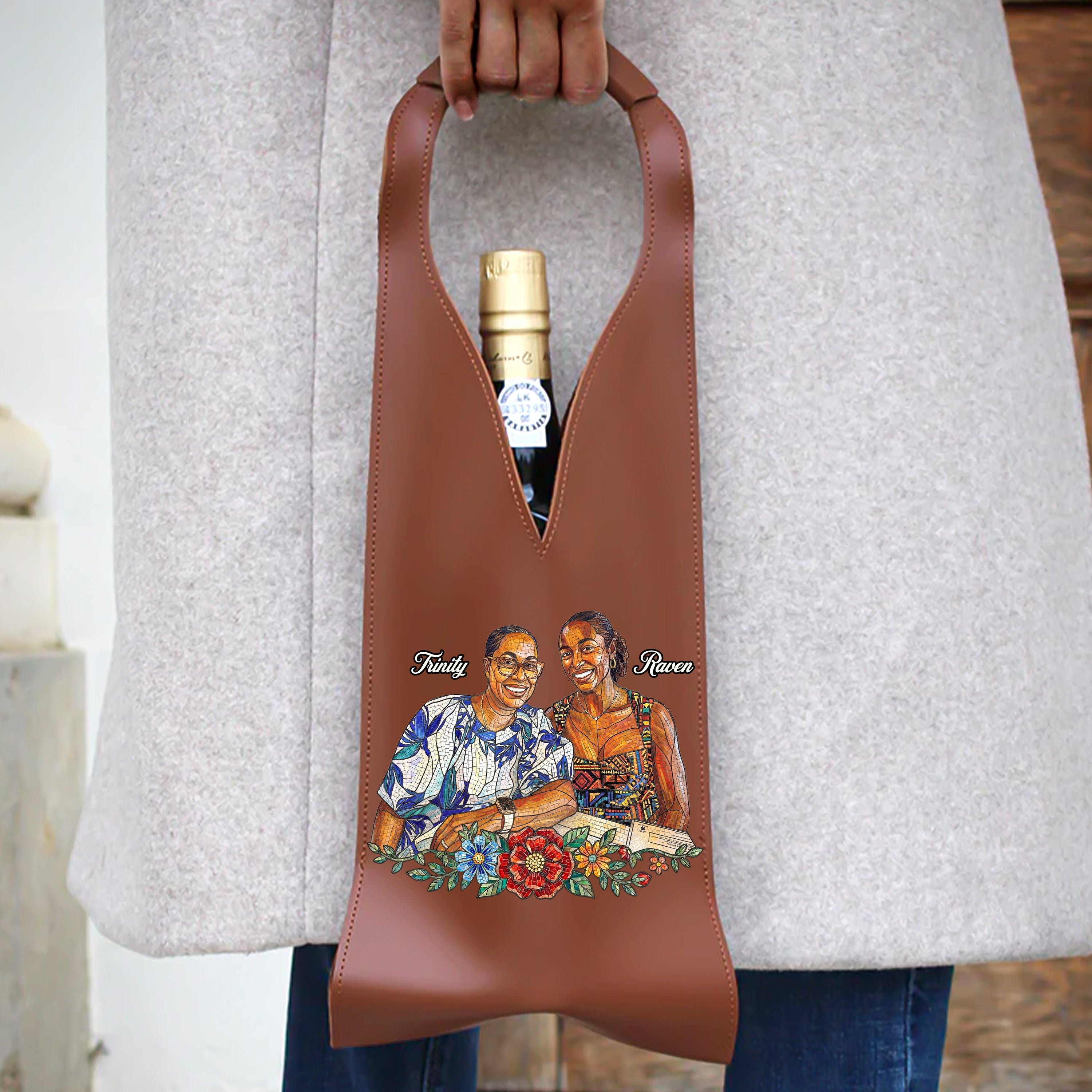 Custom Photo Stained Glass Portrait Mom Grandma Parents Family - Personalized Leather Wine Bag