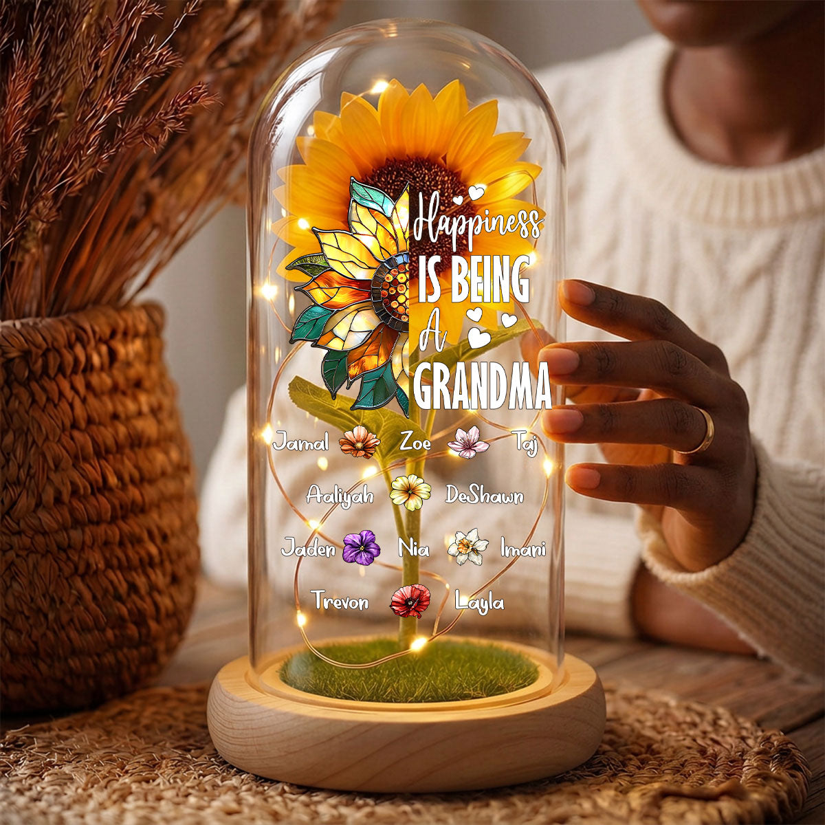 Happiness Is Being A Grandma - Personalized Sunflower Dome Lamp