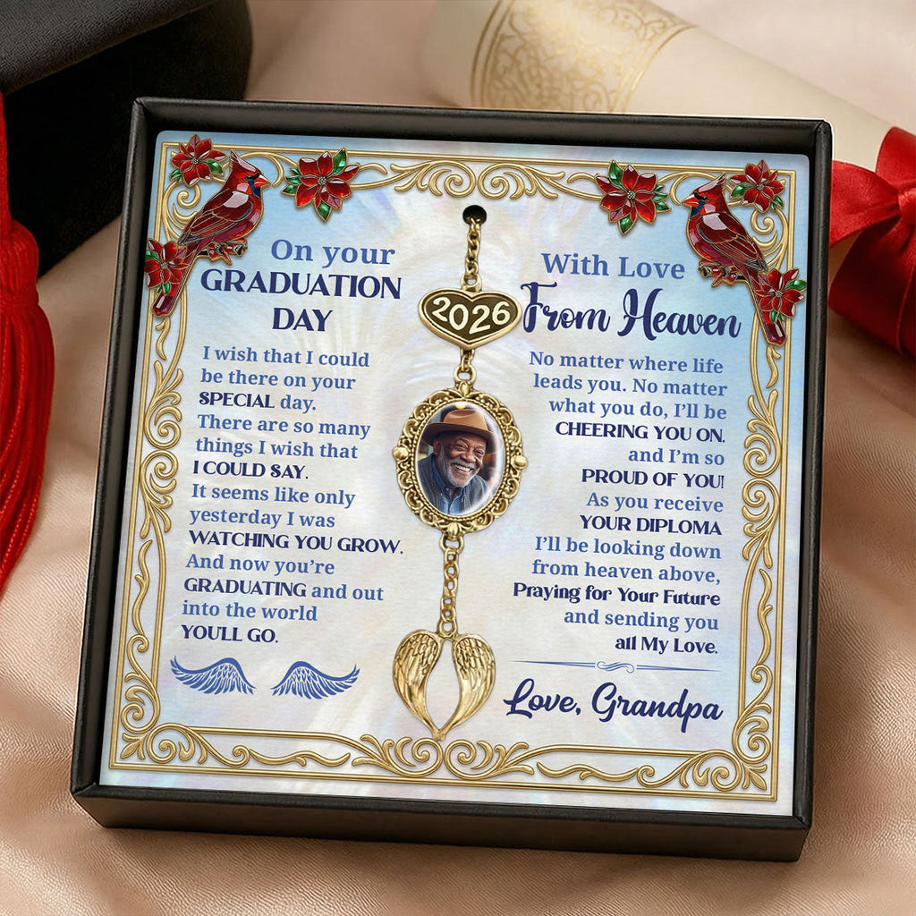 On Your Graduation Day With Love From Heaven - Personalized Graduation Tassel Photo Charm With Angel Wing