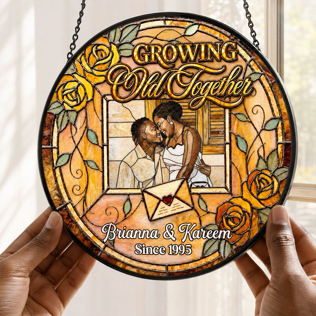 Growing Old Together Forever - Personalized Stained Glass Window Hanging Suncatcher