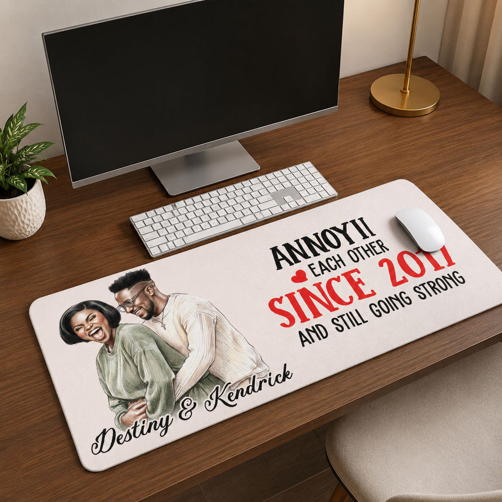 Custom Photo Colored Pencil Sketch Portrait Annoying Each Other - Personalized Leather Desk Mat