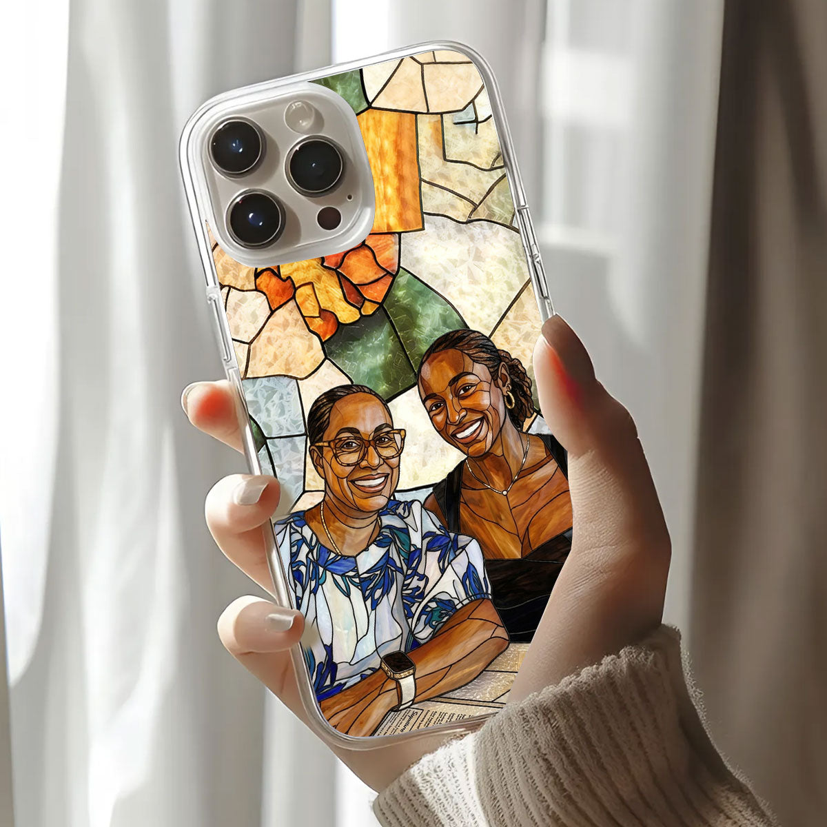 Custom Photo Stained Glass Portrait Mom Grandma Parents Family - Personalized Clear Silicone Phone Case