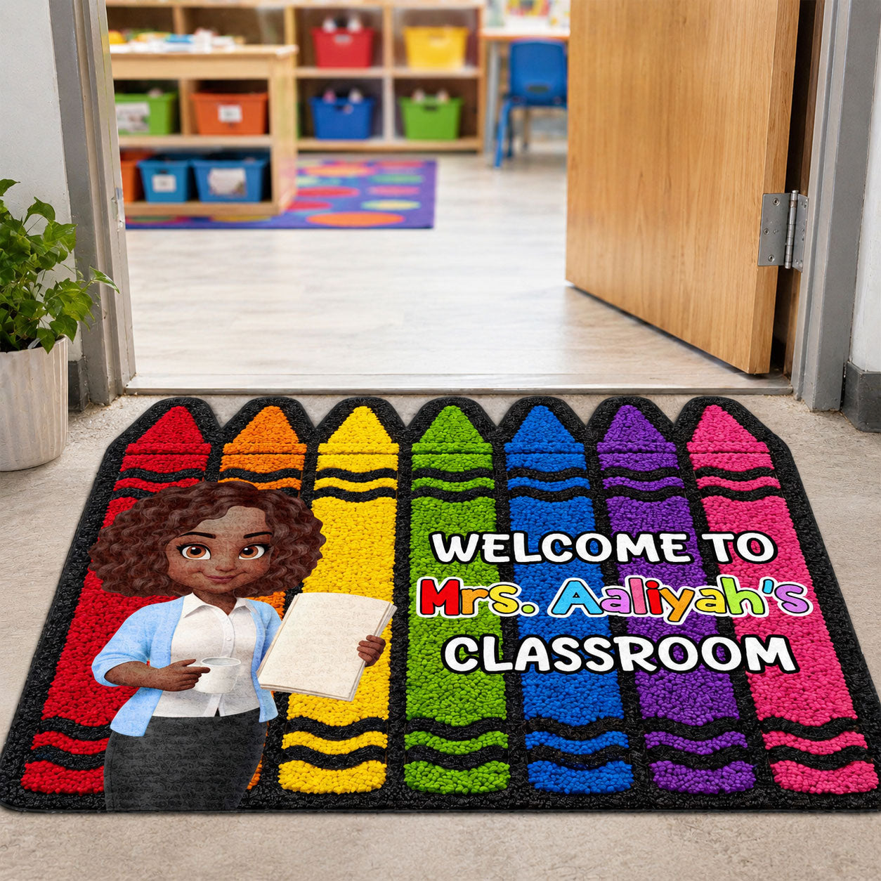 Colorful Crayons Teacher Welcome To Classroom - Personalized Custom Shape Doormat