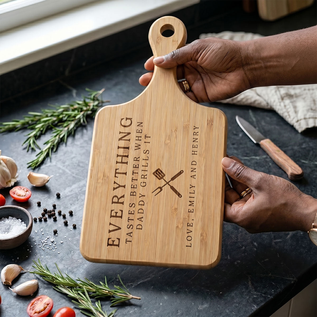 Everything Tastes Better When Daddy Grills It - Personalized Cutting Board With Handle