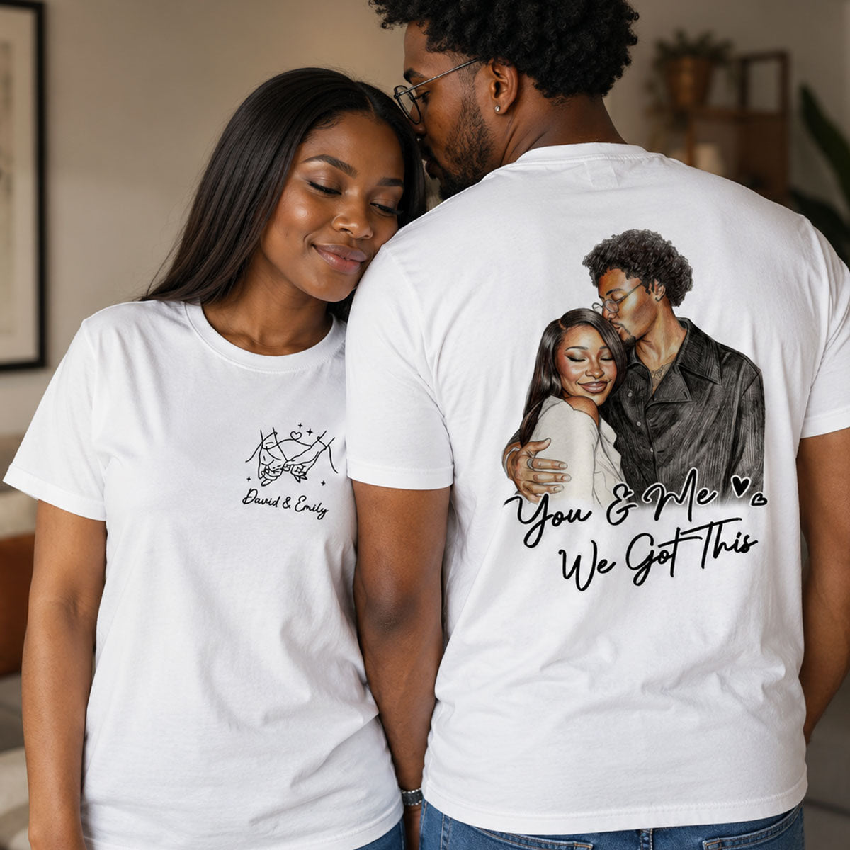 Custom Photo Colored Pencil Sketch Portrait You And Me - Personalized T-shirt With Front Back Design