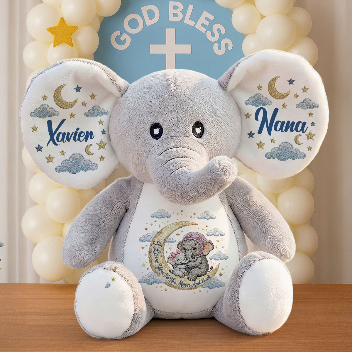I Love You To The Moon And Back Embroidery - Personalized Stuffed Elephant