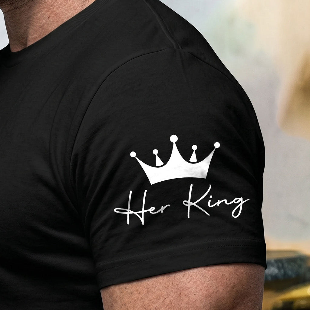 Custom Photo His Queen Her King Anniversary Gift - Personalized T-shirt With Front And Sleeve Design