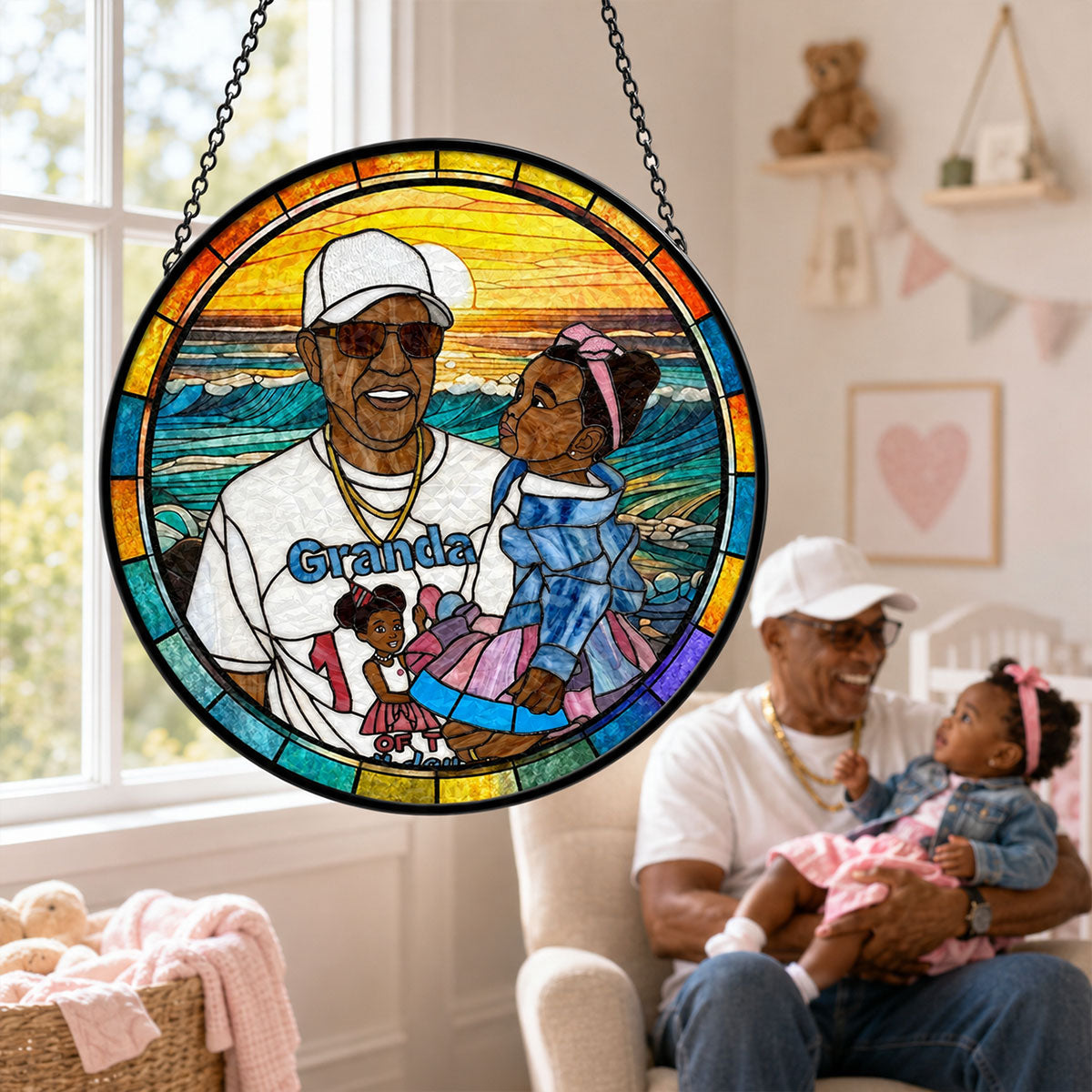 Custom Photo Stained Glass Dad Grandpa Papa Family  - Personalized Stained Glass Window Hanging Suncatcher