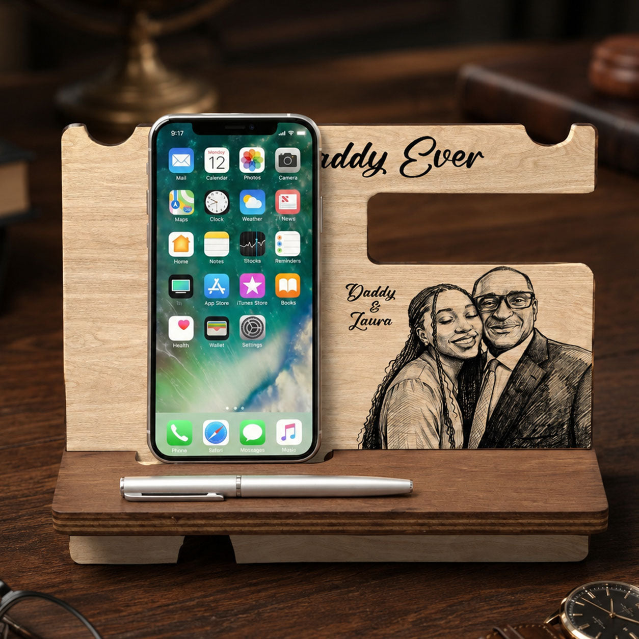Custom Photo Pencil Sketch Best Dad Ever - Personalized Phone Docking Station
