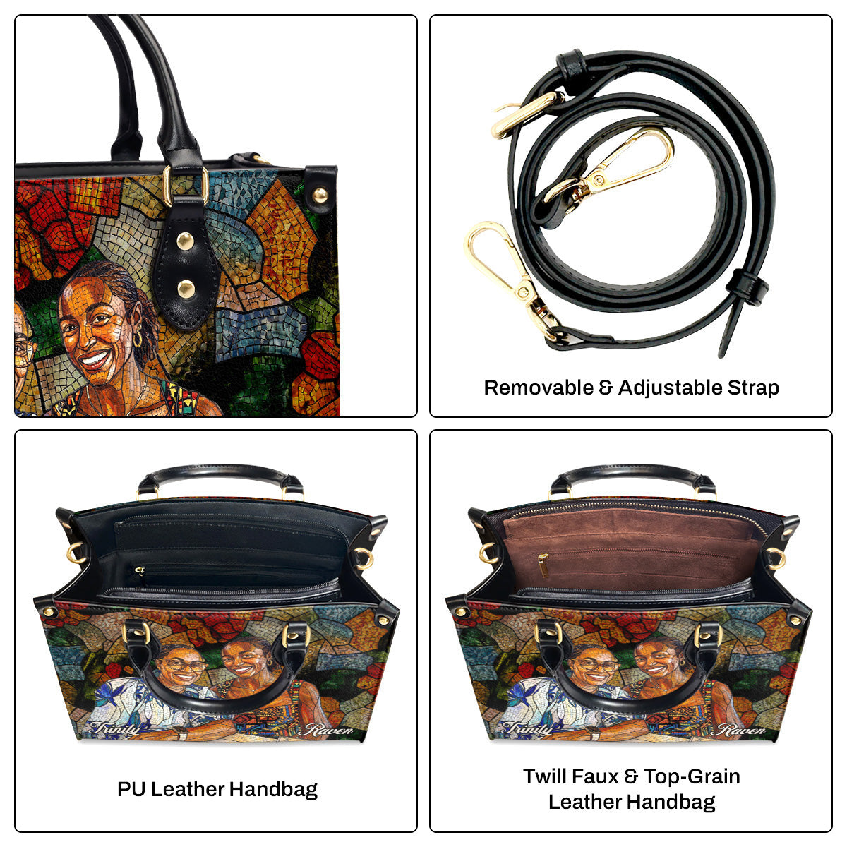 Custom Photo Stained Glass Portrait Mom Grandma Parents Family - Personalized Leather Handbag
