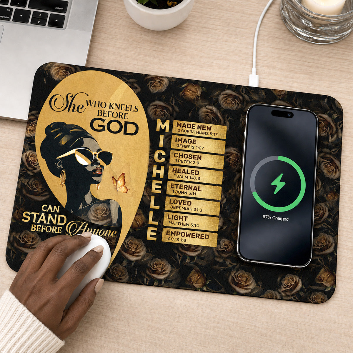She Who Kneels Before God Can Stand Before Anyone - Personalized Leather Charging Mat