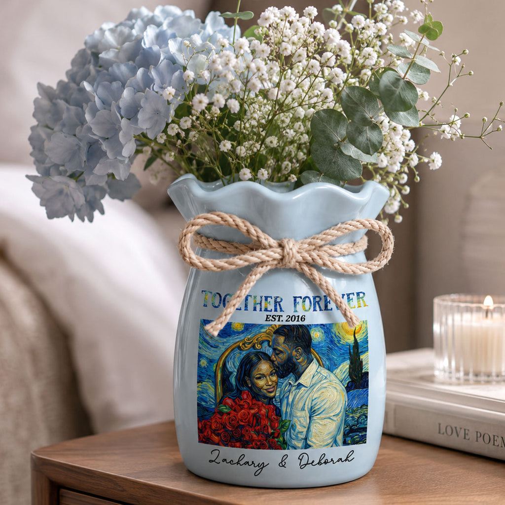 Custom Photo Van Gogh Art Forever And Always - Personalized Flower Vase With Ribbon